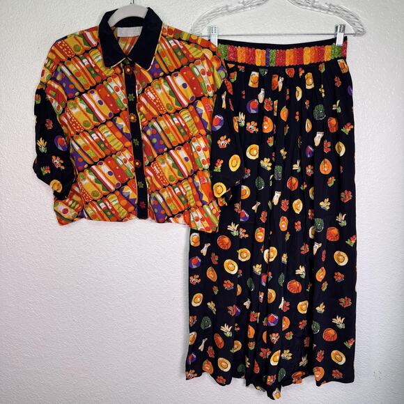 Platinum by Dorothy Schoelen Dresses & Skirts - Vintage Platinum By Dorothy Schoelen Set Women 10 Fruit Shirt Wide Leg Pants 90s